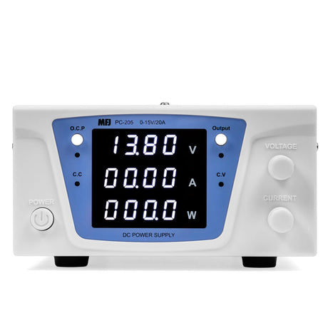 MFJ PC-205 laboratorium voeding voorzijde met digitale display en instelknoppen