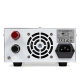 Achterzijde van de MFJ PC-205 power supply met aansluitklemmen en netaansluiting