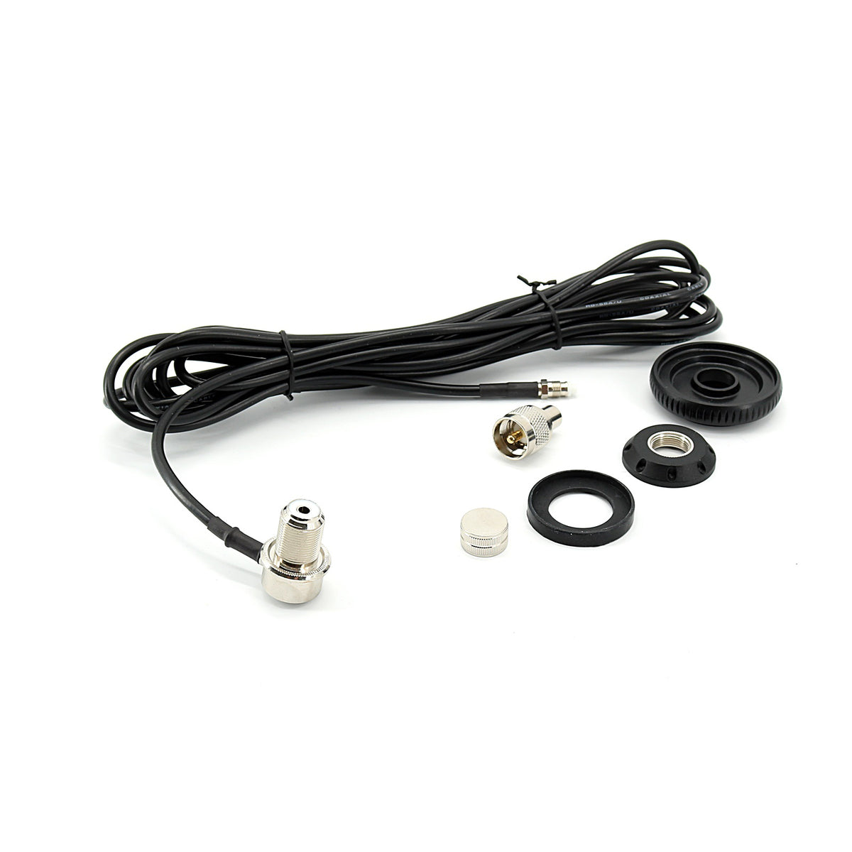 Maas antennekabel 5 meter met haakse FME en een PL (UHF-Male) connector en afdichtring en rubbers