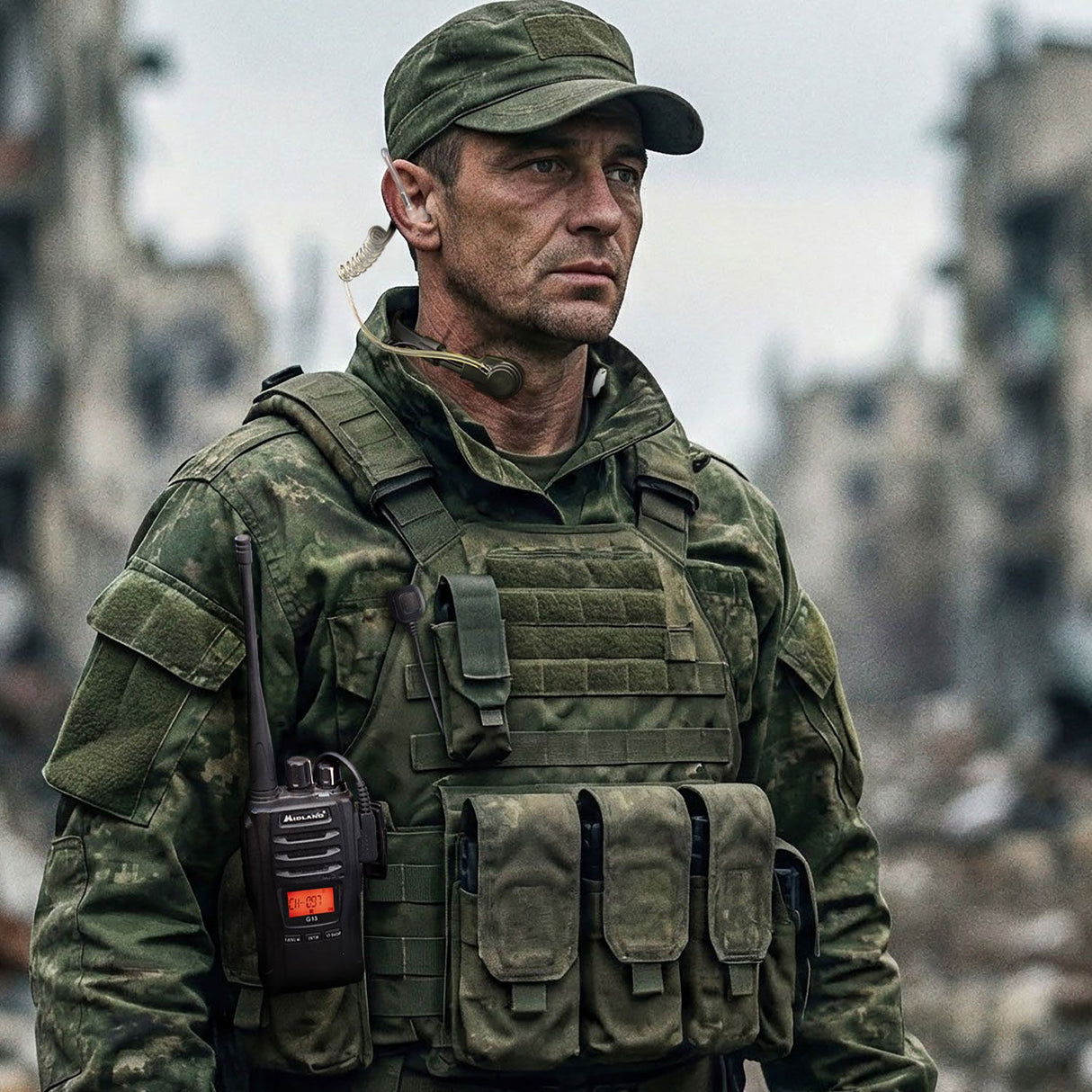 Man in camouflage kleding met portofoon en keelmicrofoon