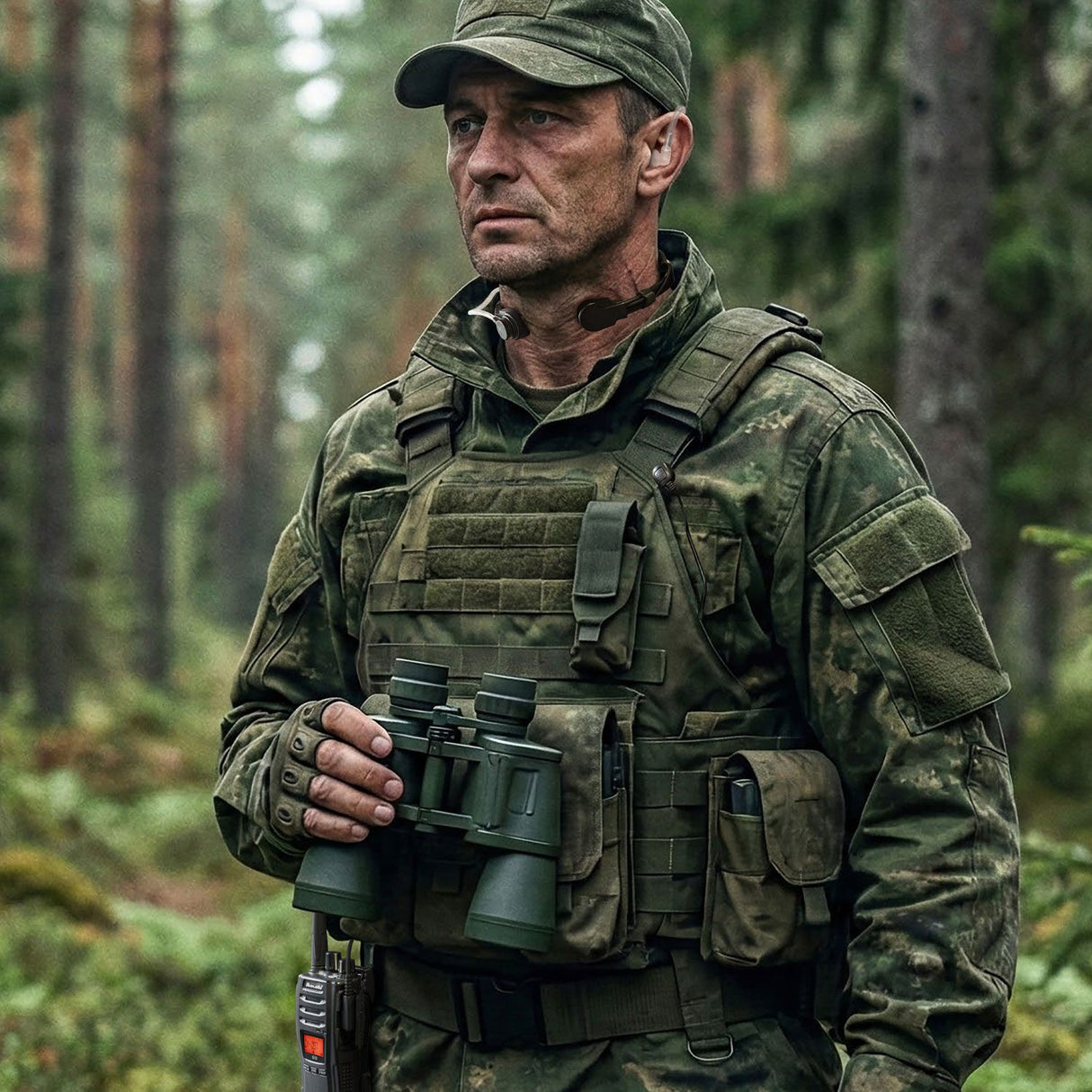 Man in camouflage uitrusting met verrekijker, midland portofoon en een Midland keelmicrofoon