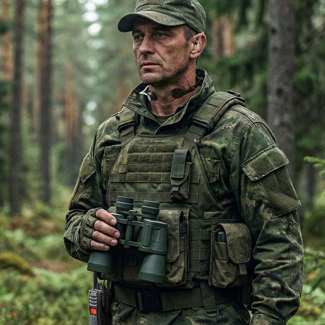 Man in camouflage uitrusting met verrekijker, midland portofoon en een Midland keelmicrofoon