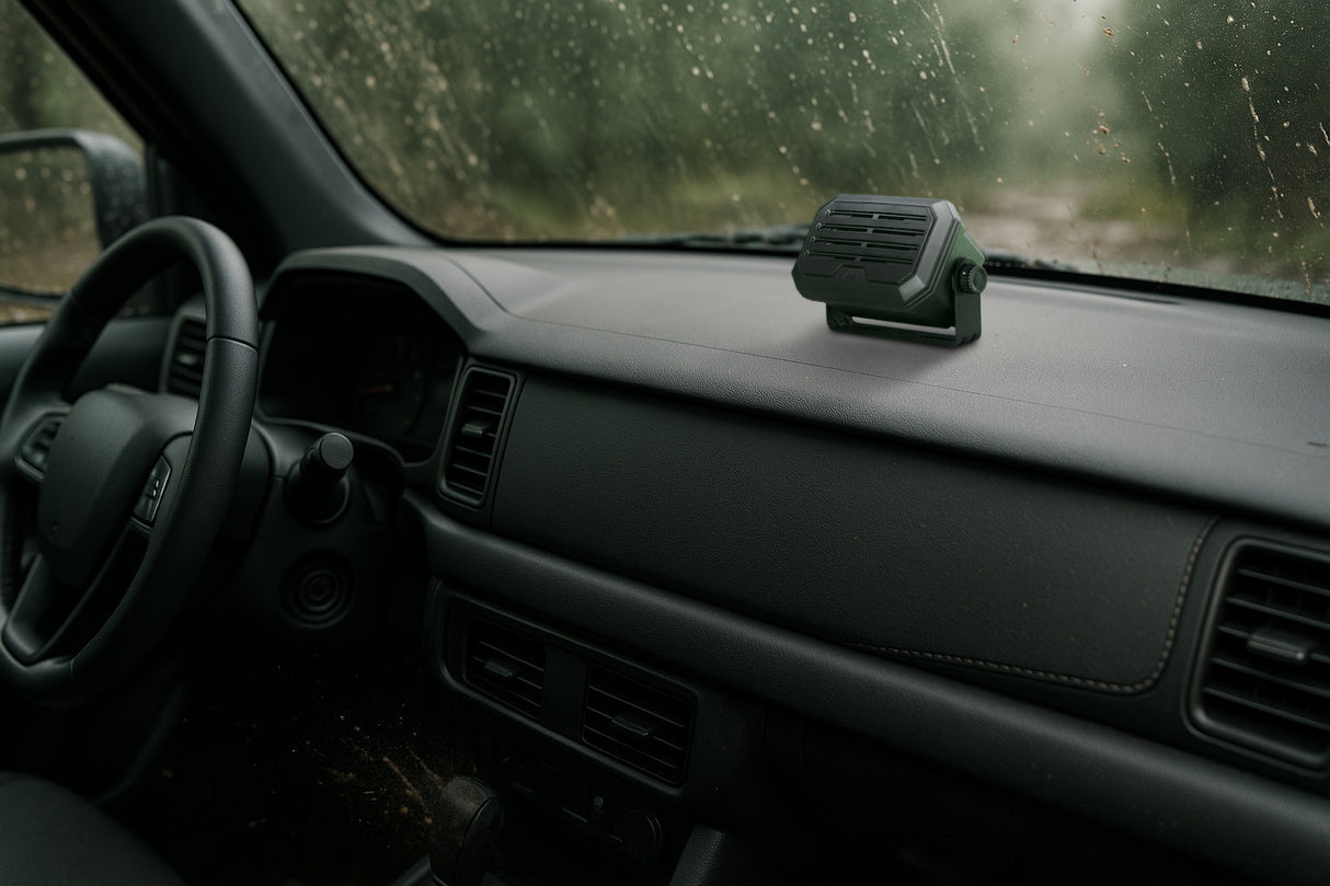 Midland AUX28 Xtreme externe luidspreker op de dashboard van een auto