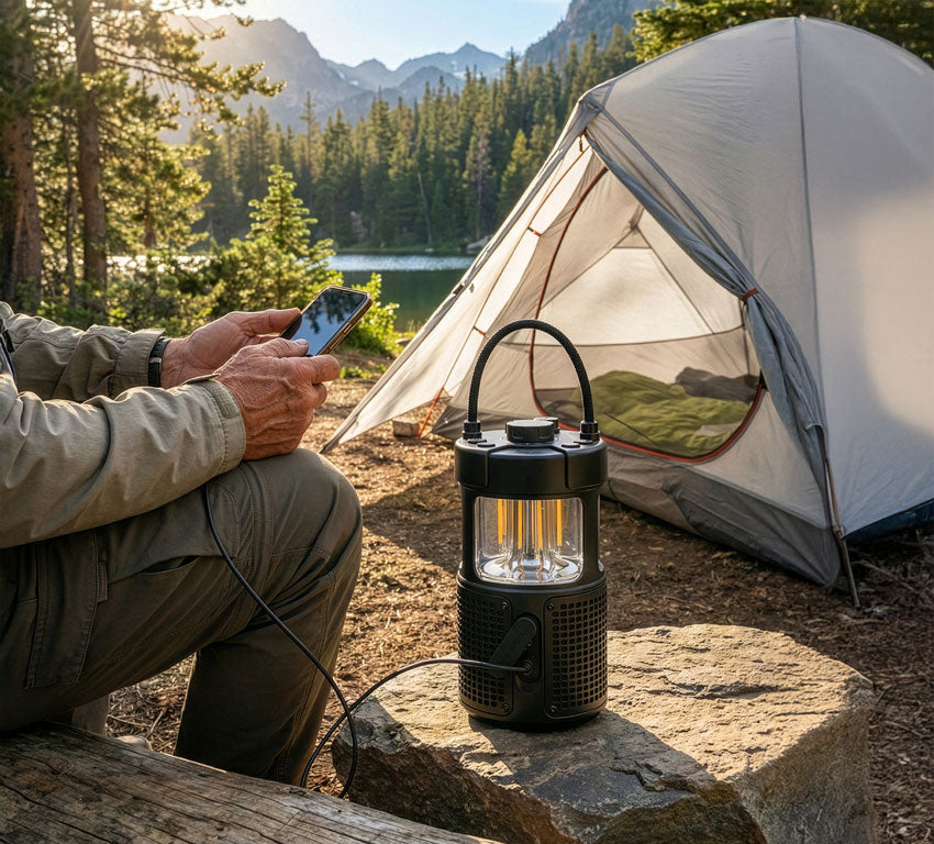 Man die zijn telefoon laadt aan de Midland ER-lantaarn die op een boomstam staat naast een tent