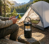 Man die zijn telefoon laadt aan de Midland ER-lantaarn die op een boomstam staat naast een tent