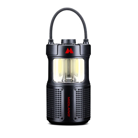 Midland ER veelzijdige led-lantaarn met ingebouwde bluetooth speaker en powerbank die ideaal is voor gebruik als noodradio maar ook voor op de camping, in de vrachtwagen of gewoon thuis in de tuin