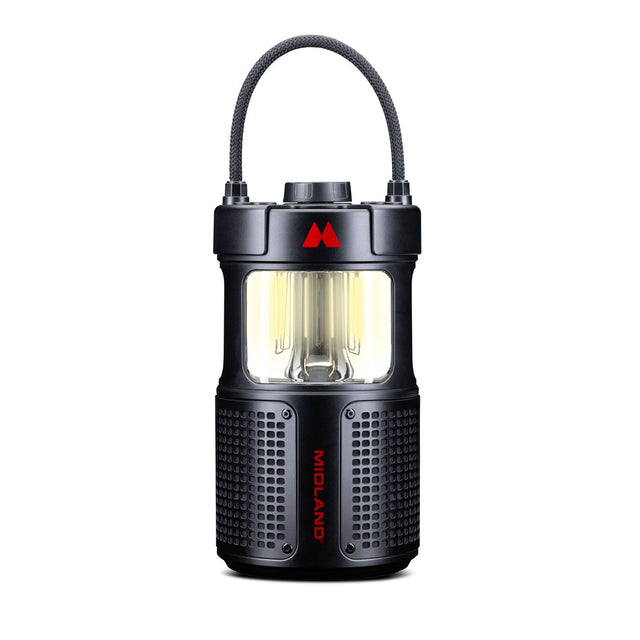 Midland ER veelzijdige led-lantaarn met ingebouwde bluetooth speaker en powerbank die ideaal is voor gebruik als noodradio maar ook voor op de camping, in de vrachtwagen of gewoon thuis in de tuin