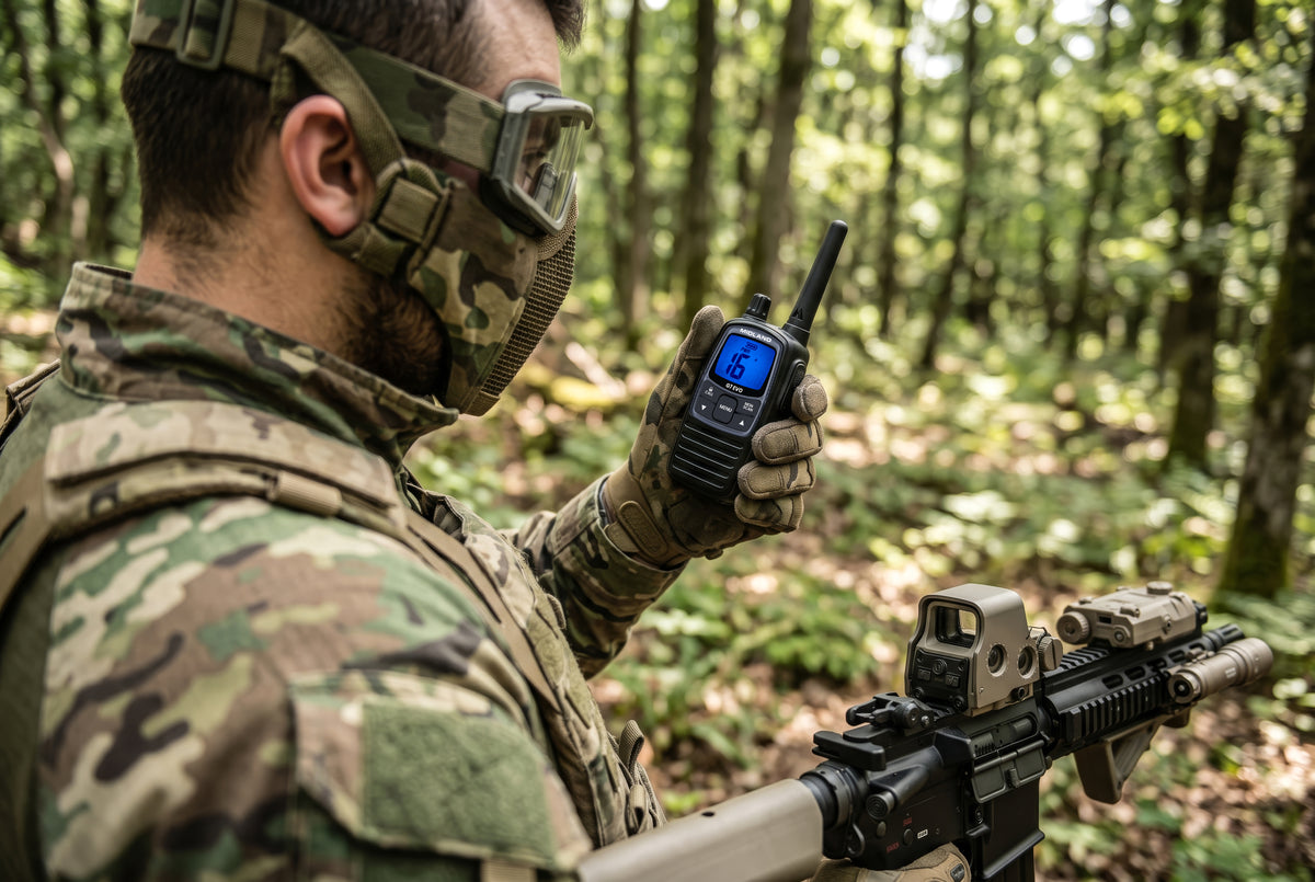 Midland G7 EVO in de hand van een man die in het bos aan airsoft doet