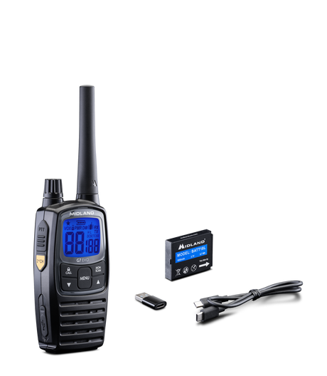 Midland G7 EVO vergunningsvrije PMR446 portofoon met meegeleverde USB-adapter, USB-kabel en accu