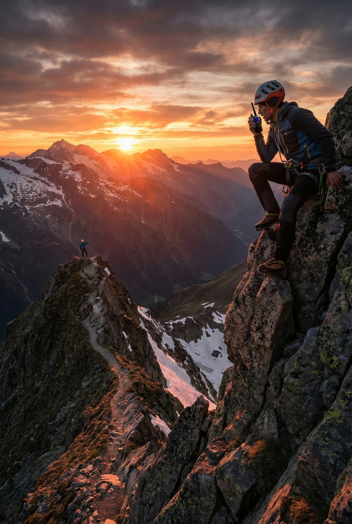 Bergbeklimmer op een berg met uitzicht op de zonsondergang communiceert via zijn Midland G7 EVO PMR446 portofoon