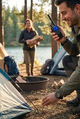 Midland G7 EVO portofoon in gebruik door man die aan het kamperen is in het bos