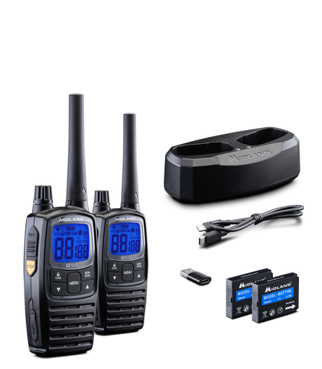 Midland G7 EVO duo pmr446 portofoonset met meegeleverde usb-kabel, accu's, usb-adapter en dubbele bureaulader