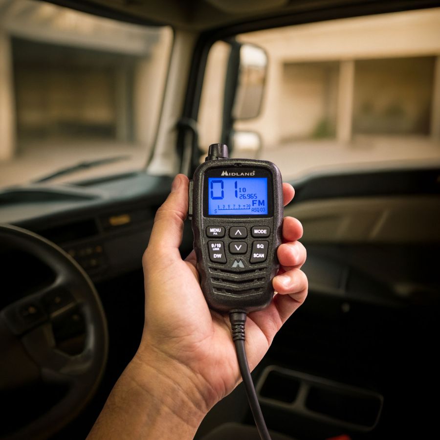 Microfoon van de Midland M5 Pro vastgehouden in een hand