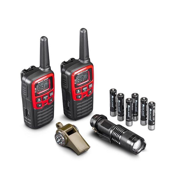 Midland XT30 emergency walkie talkie set met noodfluit voorzien van ingebouwde kompas en temperatuur meter en een losse zaklamp en zes oplaadbare AAA batterijen