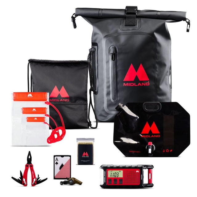 Midland ER Emergency backpack, een goed gevulde noodrugzak waamee je 72uur mee kunt overbruggen