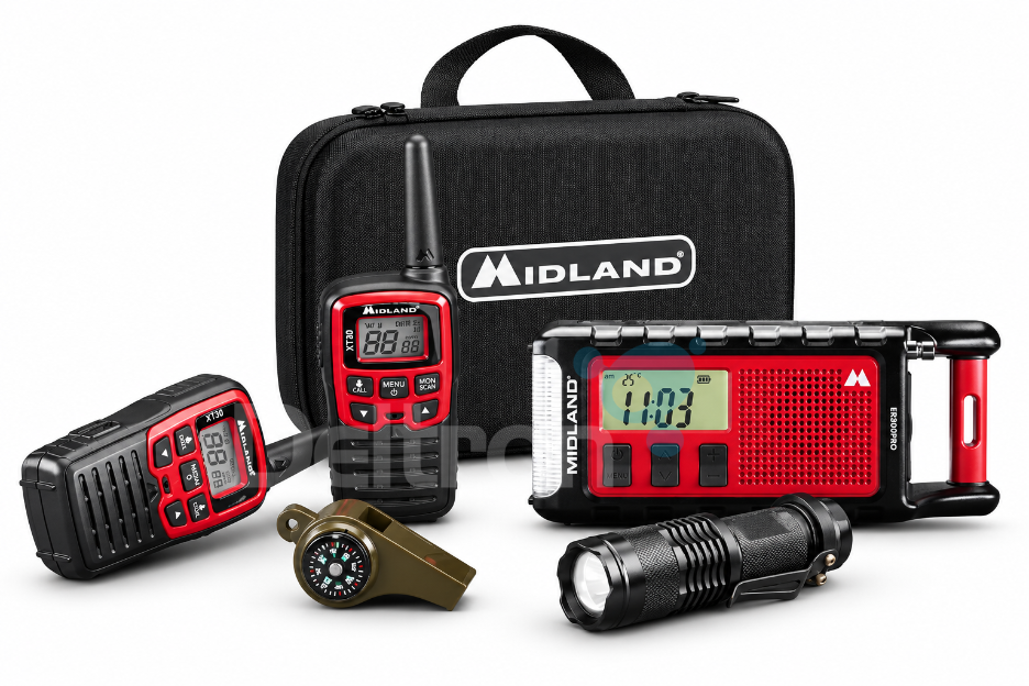 Midland emergency communicatie set bestaande uit twee XT30 walkie talkies, een ER300 Pro noodradio, een zaklamp, vier AAA batterijen, een noodfluitje met ingebouwde kompas en temperatuurmeter