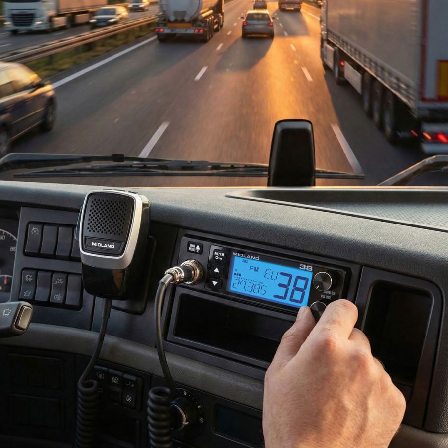 Midland 38 27MC transceiver ingebouwd in het dashboard van een vrachtwagen die op de snelweg rijdt