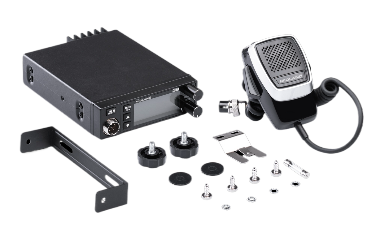 Midland 38 mobiele 27MC transceiver met meegeleverde accessoires