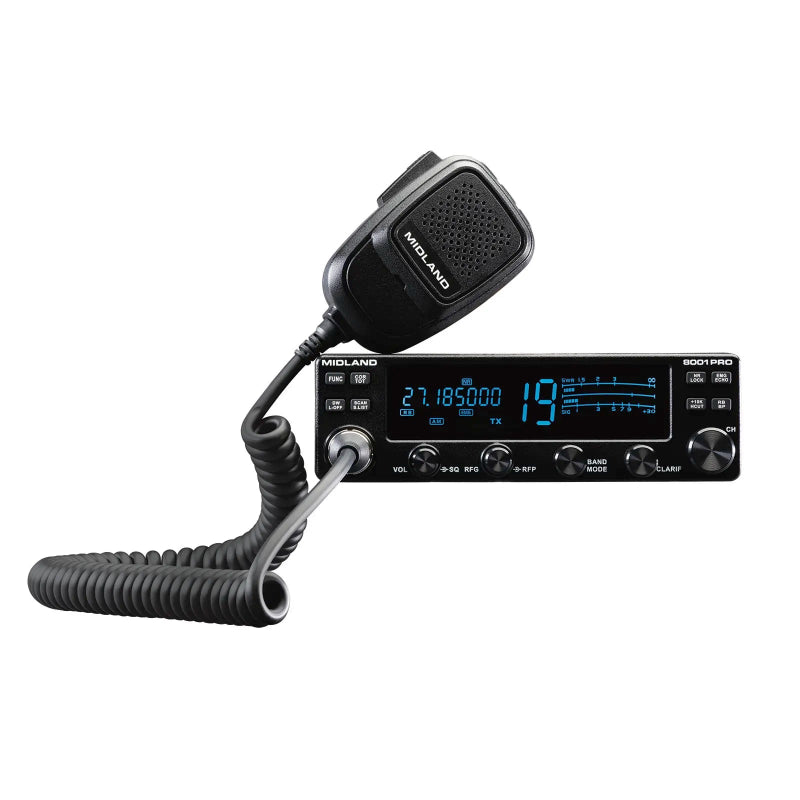 Midland 8001 Pro 27MC transceiver met  DSP AI noise reductie uitgerust is met een 4,25 inch kleurendisplay die instelbaar is in 7 kleuren