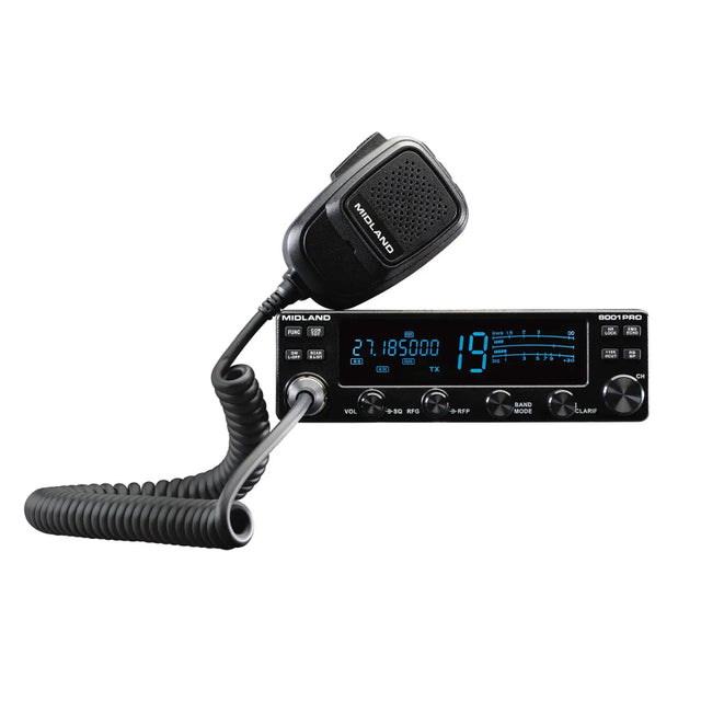 Midland 8001 Pro 27MC transceiver met  DSP AI noise reductie uitgerust is met een 4,25 inch kleurendisplay die instelbaar is in 7 kleuren