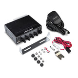 De Midland 8001 Pro met alle meegeleverde accessoires zoals een 12V voedingskabel, MDL4190 microfoon, ophangbeugel met schroeven en een microfoonhouder