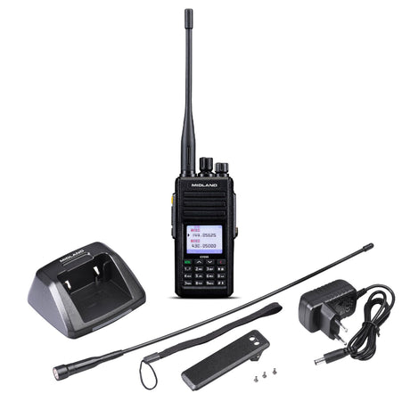 Midland CT-990 EBR handheld UHF/VHF transceiver met meegeleverde accessoires