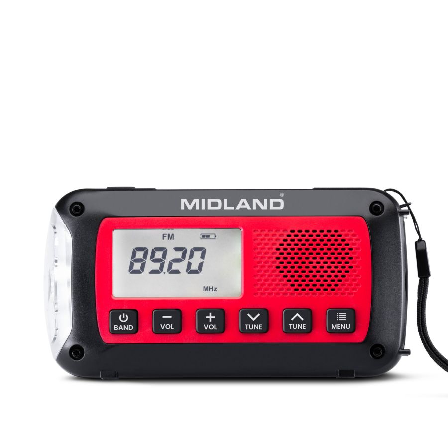 Midland ER100 Noodradio met AM/FM, USB aansluiting, zaklamp, zonnepaneel, slinger om op op te laden