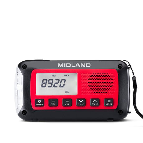 Midland ER100 Noodradio met AM/FM, USB aansluiting, zaklamp, zonnepaneel, slinger om op op te laden