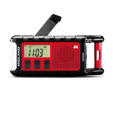 Midland ER300 Pro noodradio die je met behulp van de handslinger zelf kunt opladen zoals een vroegere knijpkat lamp