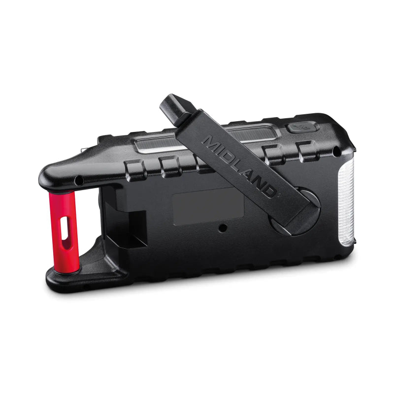 Achterkant van de Midland ER300 Pro noodradio met handslinger waarmee je hem weer kunt opladen