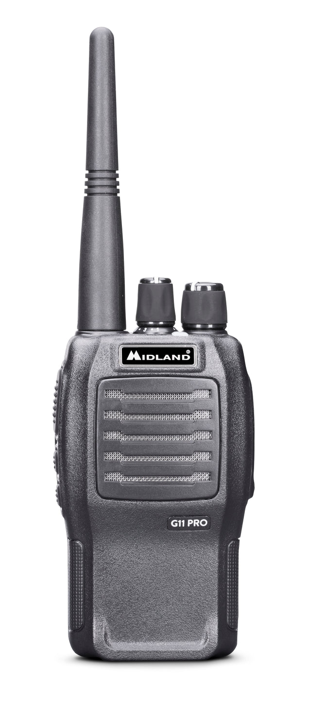 G11 Pro PMR446 portofoon van Midland met twee bedieningsknoppen bovenop en een antenne