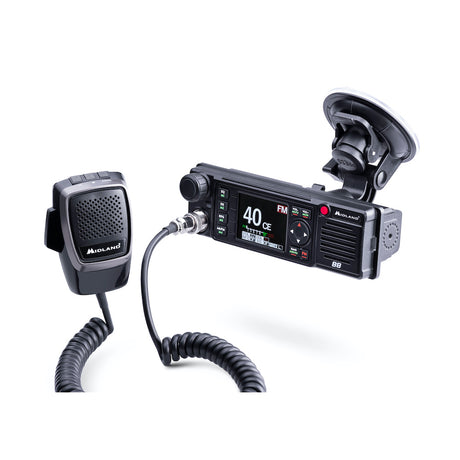 Midland M88 27MC transceiver met microfoon bevestigd met de raambevestiging met zuignap