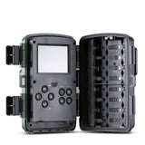 Midland C1623 wildcamera binnenzijde met batterijenhouder, display en bedieningsknoppen