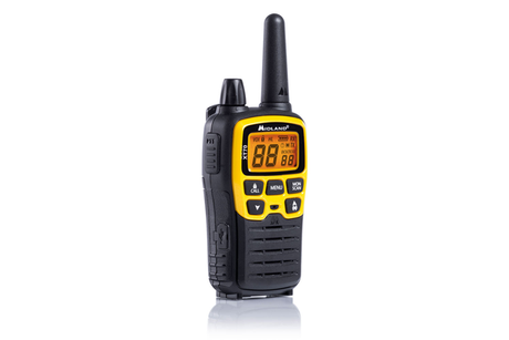 Midland XT70 Adventure PMR446 portofoon met groot display, antenne en robuuste toesten. In de kleur geel met zwart