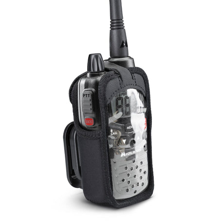 Voorzijde van een Midland portofoontasje met een PMR446 portofoon erin