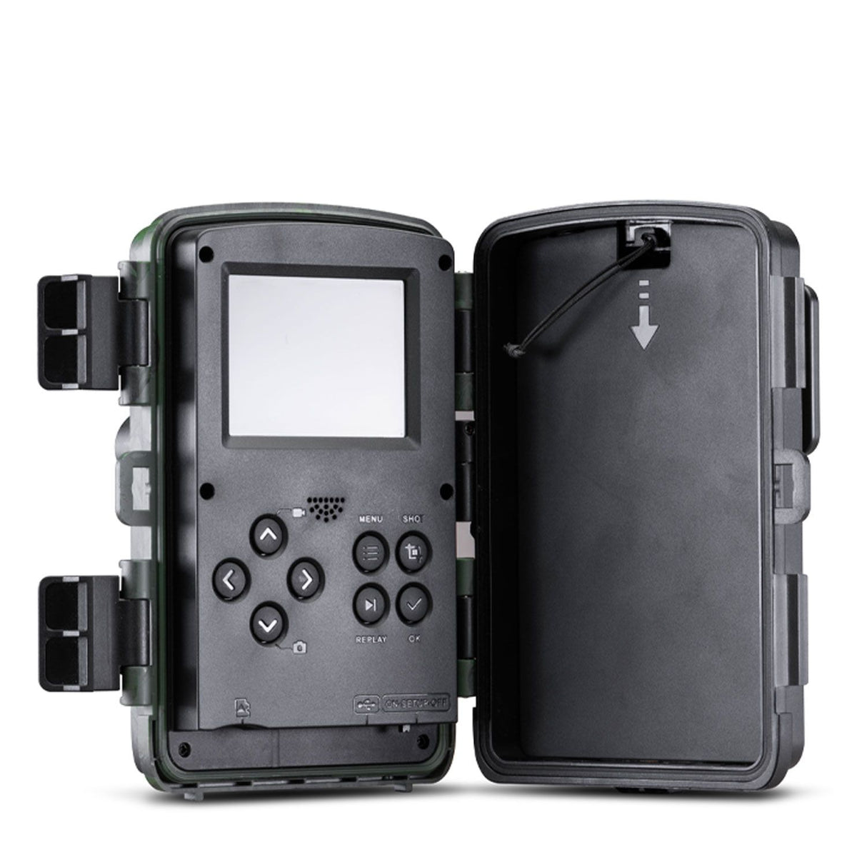 Binnenzijde Midland C1623 wildcamera waar je het display en bedieningsknoppen ziet