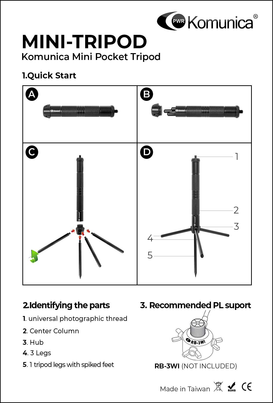 Uitleg en instructies voor de Komunica Mini Tripod met universele camera draad aansluiting