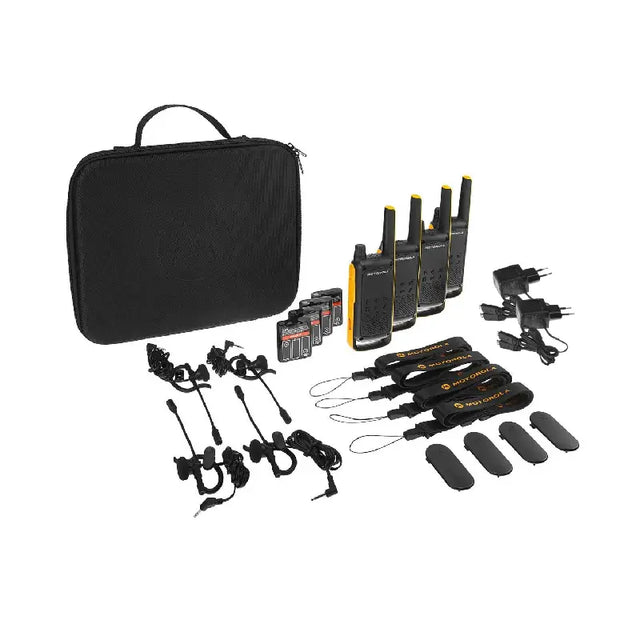 Motorla T82 Extreme PMR446 portofoonset met meegeleverde accessoires en opbergtas