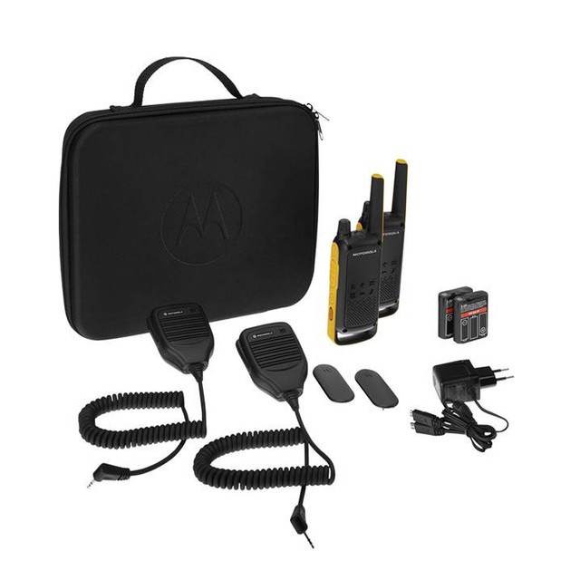 Motorola T82-Extreme RSM vergunningsvrije PMR446 portofoonset in opbergtas met accessoires zoals de remote speaker microfoons
