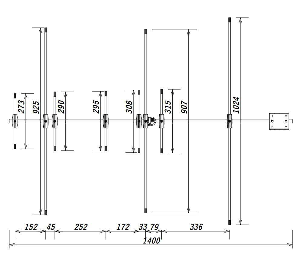Afmetingen van de Nagara DO-2B8 high gain UHF en VHF basisantenne Yagi beam