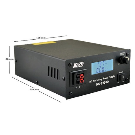Voorzijde Nissei NS-2230D elekronische voeding met afmetingen