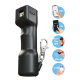 Smart defence spray van Plegium met sleutelhanger en de functies in cirkels uitgebeeld