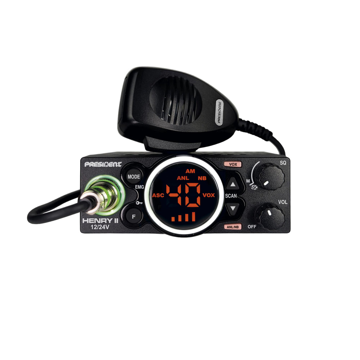 President Henry 2 multinorm 12/24V mobiele 27MHz transceiver met verwisselbare witte display ring