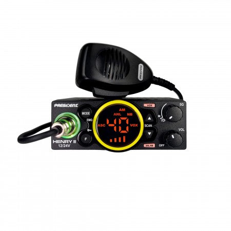 President Henry 2 mobiele 27MC transceiver multiorm met gele displayring en oranje weergave