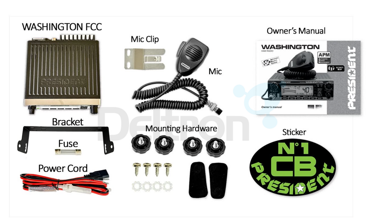 President Washington 100W 27MHz CB transceiver met meegeleverde accessoires in de verpakking