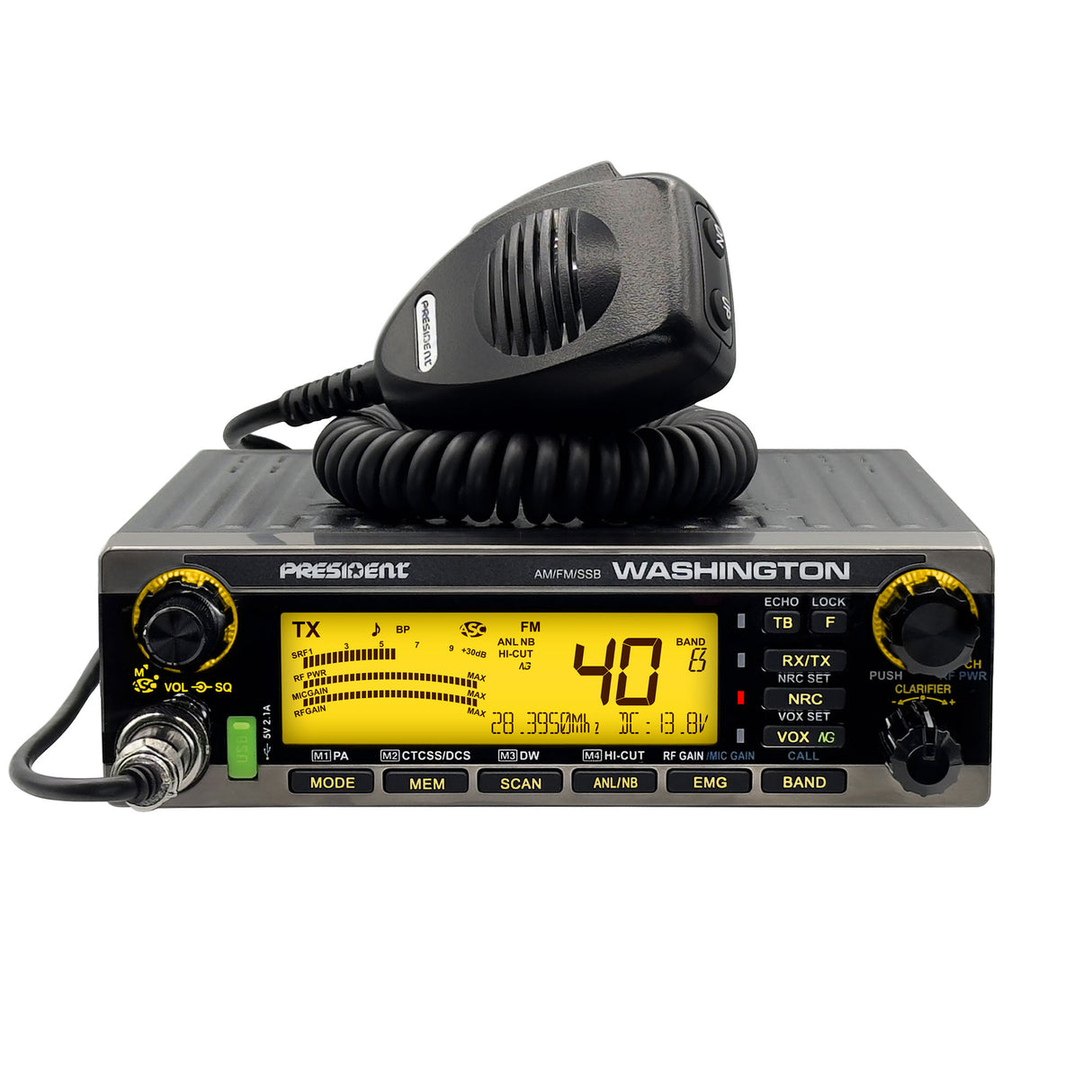President TXPR901 Washington 27MHz CB transceiver met okergele displayverlichting en handmicrofoon met up/down functie