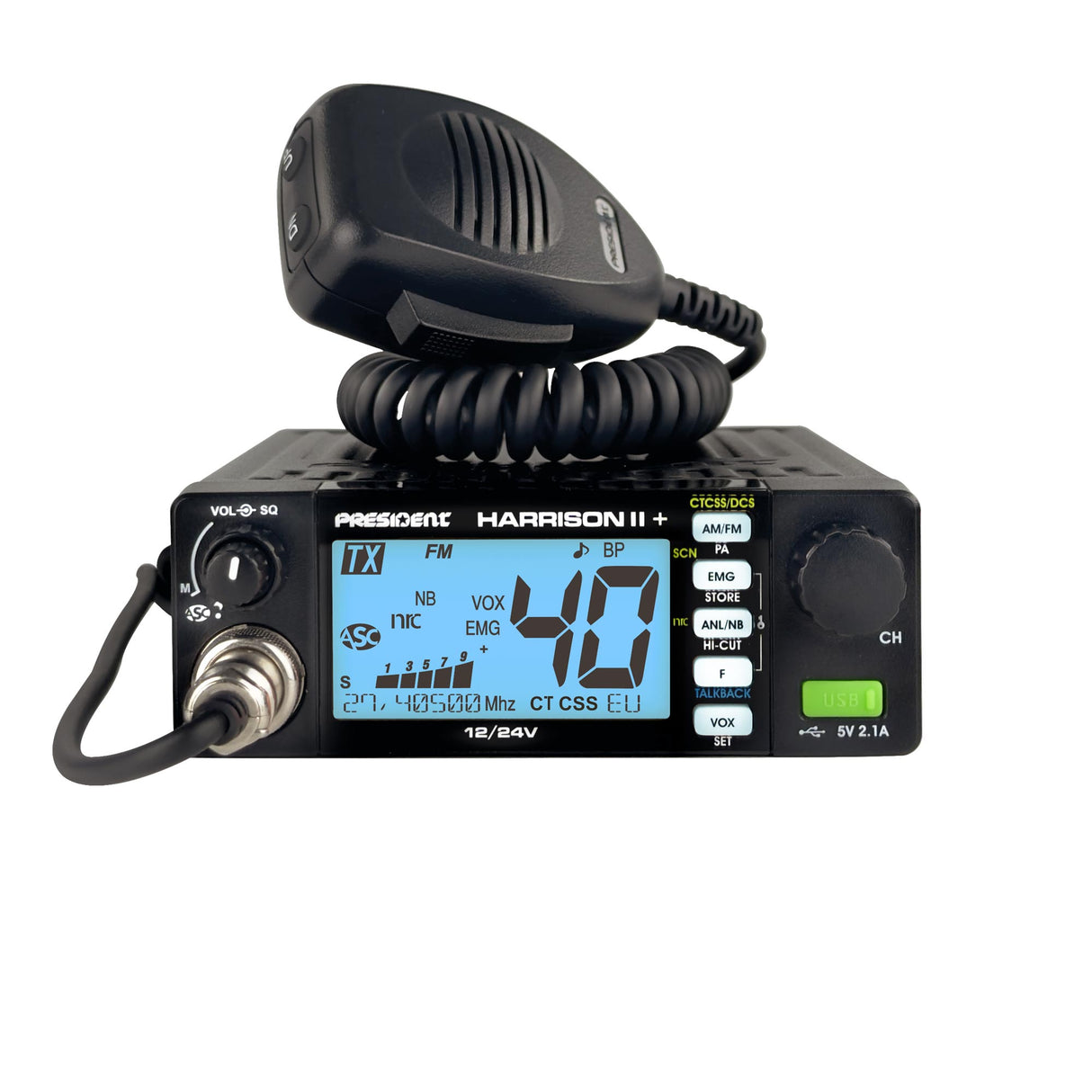 President Harrison II+ 27MHz CB radio met AM/FM en 40 kanalen en instelbare display verlichting