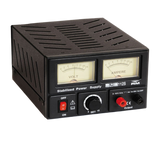 Voorzijde RM LPS-112S lineaire voeding met twee verlichte meters, aansluitingen en aan/uit knop