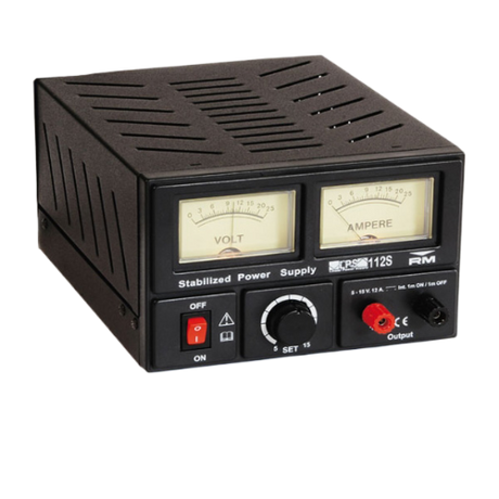 Voorzijde RM LPS-112S lineaire voeding met twee verlichte meters, aansluitingen en aan/uit knop