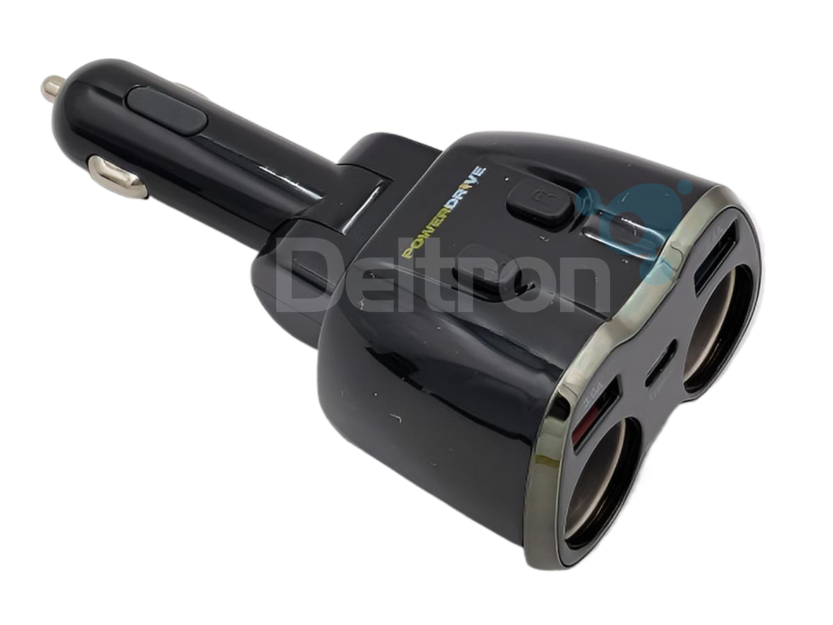 Bovenkant RoadPro 12V Power hub met twee sigaretaanstekerpoorten, twee USB-poorten en een USB-C poort